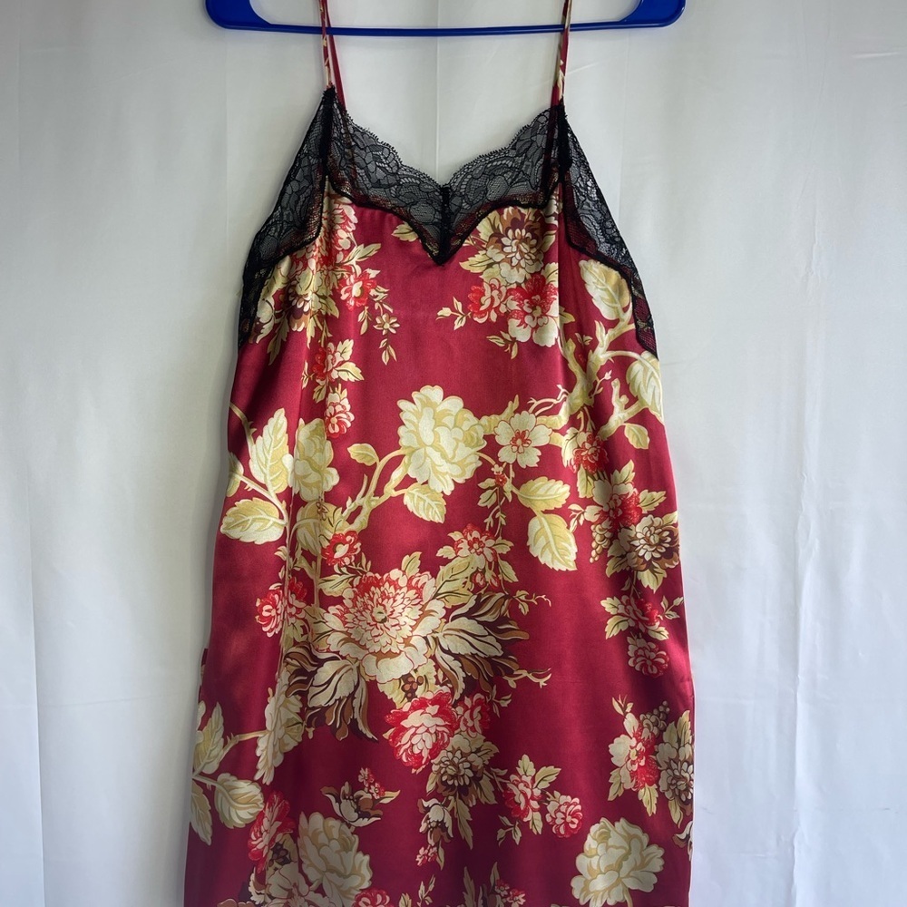 36 Point 5 Red Floral Satin Chemise with Black Lace - Picture 2 of 6